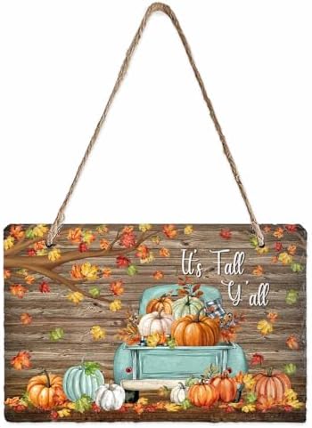 Fall Welcome Wall Hanging Sign- Maple Leaf Pumpkin Truck Wood Grain Slate Hanging Plaques for Front Door Porch Window Farmhouse Garden 5.1" x 7.9" Wall Home Decor by EwdeWwo