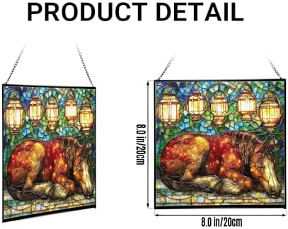 Bay Miniature Horse Curled Near Garden Lanterns Square Suncatcher – Stained Glass Style Window Panel with Pastoral Scene, Custom Decorative Hanging Art for Equestrian Home, Christmas rAWSQA - Image 2