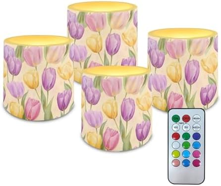 Set of 4 Tulip Flameless Candles with Timer Battery Operated Candles with Remote LED Pillar Tea Lights for Indoor Outdoor Easter Day Patio Porch Wedding Home Decorations by Merkmak