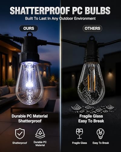 Outdoor String Lights, 50FT RGBW Color Changing Patio Lights with Remote and APP, Dimmable IP65 Waterproof Shatterproof LED Lights for Backyard Garden Party Decor - Image 6