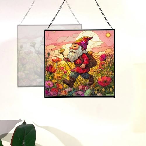 Poppy Meadow Gnome Stained Glass Suncatcher – Square Hanging Window Panel for Home or Greenhouse – Whimsical Glass Art Gift for Garden Lovers, Christmas, Halloween, Father Days DlIaQx - Image 4