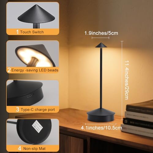 2 Pack Aluminum Cordless Table Lamp, 6000mAh Rechargeable Table Lamps, Portable Touch LED Lamp, Outdoor Waterproof Dimmable Cordless Rechargeable Table Lamps for Restaurant/Patio- Black (Black) - Image 6