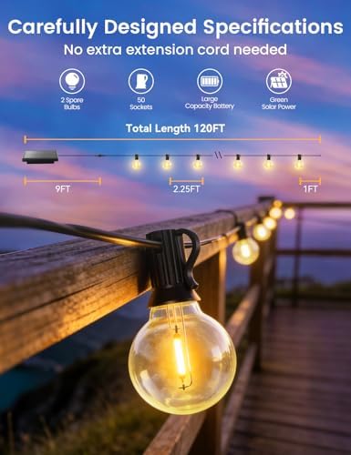 Brightever 120FT Solar String Lights Outdoor with Remote, Waterproof Dimmable 3 Modes Outdoor Lights with 50+2 LED Shatterproof G40 Bulbs, Solar Power Patio Lights for Outside Wedding Party Decor - Image 2