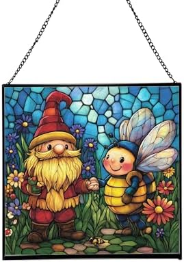 Bee Friend Gnome Stained Glass Suncatcher – Square Hanging Window Panel for Home or Greenhouse – Whimsical Glass Art Gift for Garden Lovers, Christmas, Halloween, Father Days SepAyu by Custom