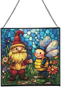 Bee Friend Gnome Stained Glass Suncatcher – Square Hanging Window Panel for Home or Greenhouse – Whimsical Glass Art Gift for Garden Lovers, Christmas, Halloween, Father Days SepAyu by Custom
