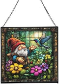 Gnome and Hummingbird Stained Glass Suncatcher – Square Hanging Window Panel for Home or Greenhouse – Whimsical Glass Art Gift for Garden Lovers, Christmas, Halloween, Father Days 78NtZp by Custom