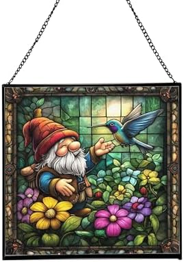 Gnome and Hummingbird Stained Glass Suncatcher – Square Hanging Window Panel for Home or Greenhouse – Whimsical Glass Art Gift for Garden Lovers, Christmas, Halloween, Father Days 78NtZp by Custom