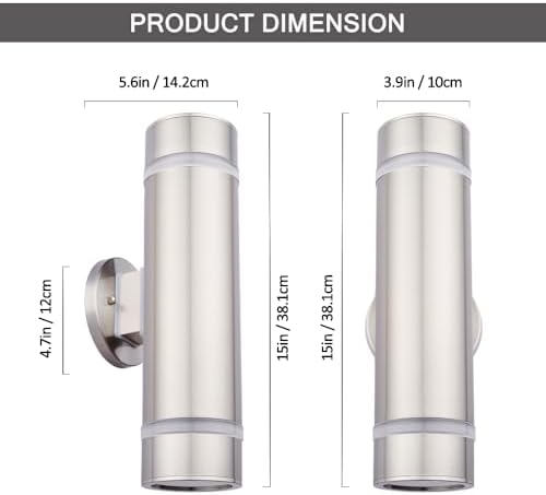 Cerdeco 15" Stainless Steel Modern Outdoor Wall Sconce Cylinder Porch Light - Image 4