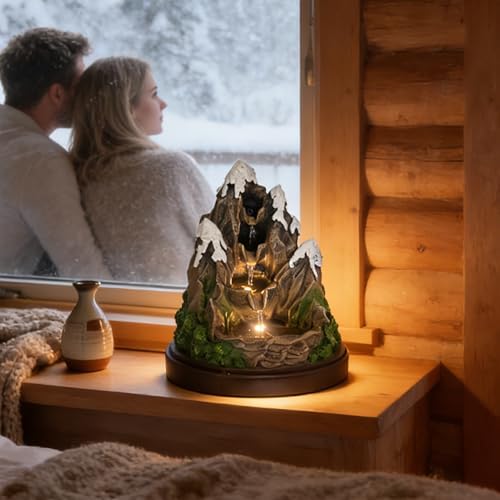 AOZITA Snow Mountain Tabletop Water Fountain 4-Tier Cascading Indoor Waterfall with Warm LED Lights, Realistic Rock Texturing & Moss Accents, Miniature Zen Landscape for Desk Home Office Decor by Unknown