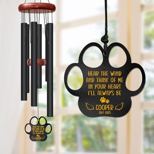 Personalized Pet Memorial Wind Chime – “Hear The Wind and Think of Me” Paw Print Design – Custom Dog or Cat Name & Years – Sympathy Gift for Pet Loss – Outdoor Garden Remembrance Windchime by AlpadilCo
