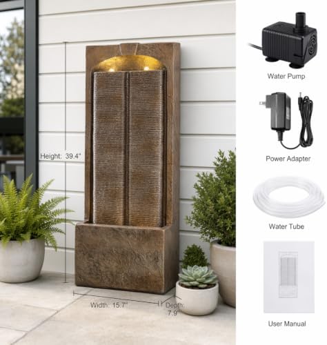 39" Outdoor Water Fountain, Modern LED Resin Water Wall Feature - Image 2