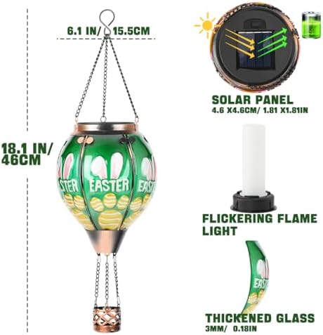 Easter Hot Air Balloon Solar Lantern - Bunny Glass Lantern, Simulated Flickering & Dancing Flame, Outdoor Hanging Yard Light Waterproof IP65 for Patio Lawn Porch Decor Rabbit Gift - Image 6