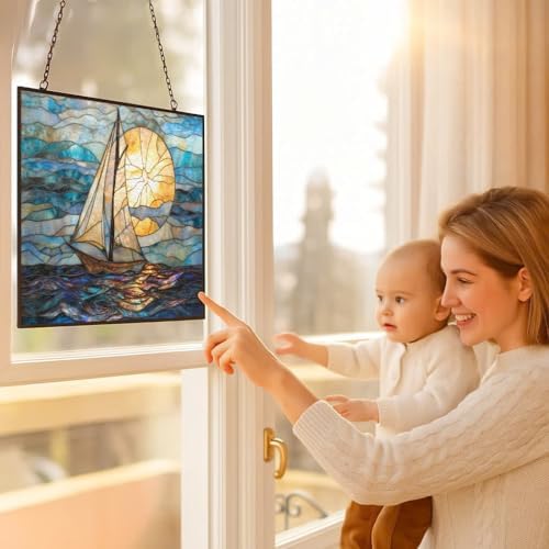 Stained Glass Window Hanging, Art Nouveau Horizon Sailboat Sun Catchers Glass Panel Rectangle Hangings Abstract Suncatcher Decor for Birthday for Women, Men, Wife, Aunt, and Mom 15"x11" - Image 5