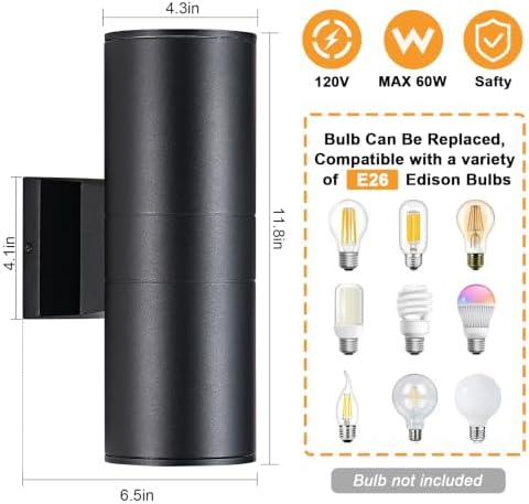 DAKAFUL Outdoor Wall Lights 2-Pack, Modern Cylinder Up and Down Light Fits Standard E26 Bulbs, Waterproof Exterior Wall Sconce for Porch Patio Door, Matte Black - Image 3