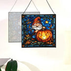 Gnome Pumpkin Lantern Stained Glass Suncatcher – Square Hanging Window Panel for Home or Greenhouse – Whimsical Glass Art Gift for Garden Lovers, Christmas, Halloween, Father Days WY9zHS - Image 4