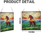 Bay Lusitano Horse Standing ATOP Hill at Sunset Square Suncatcher – Stained Glass Style Window Panel with Pastoral Scene, Custom Decorative Hanging Art for Equestrian Home, Christmas OoBNMO - Image 2