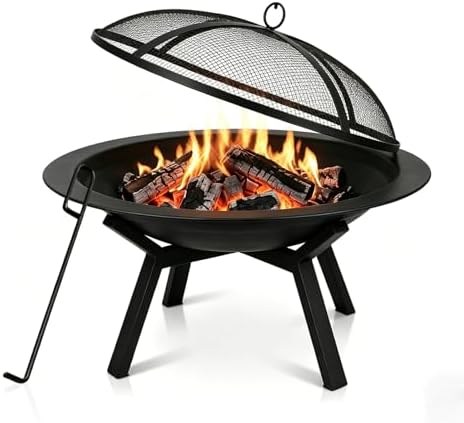 Outdoor Wood Burning Fire Pit, Heavy Duty Round Steel Fire Bowl for Backyard, Patio, Camping, Bonfire, Black Finish, with Mesh Spark Screen and Hook by IBGUC