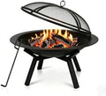 Outdoor Wood Burning Fire Pit, Heavy Duty Round Steel Fire Bowl for Backyard, Patio, Camping, Bonfire, Black Finish, with Mesh Spark Screen and Hook by IBGUC
