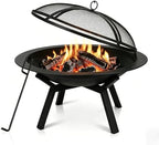 Outdoor Wood Burning Fire Pit, Heavy Duty Round Steel Fire Bowl for Backyard, Patio, Camping, Bonfire, Black Finish, with Mesh Spark Screen and Hook by IBGUC