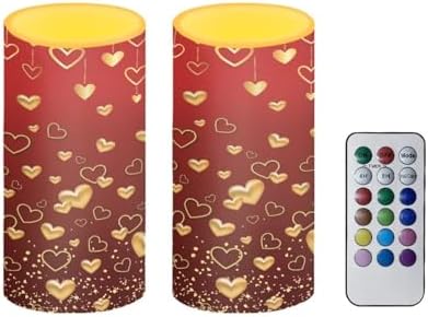 Flameless Candles Bulk Set of 2 Valentines Day Golden Heart Battery Operated Candles with Remote Timer LED Pillar Lights for Home Banquet Dining Table Decoration by Merkmak