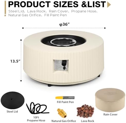 36'' Outdoor Round Propane Fire Pit Table Concrete - Image 2
