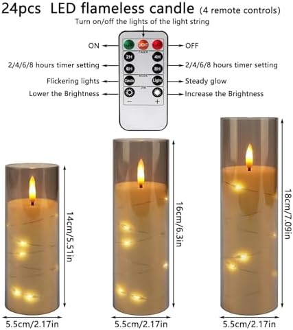 24 Pack Flameless Candles, Gray LED Pillars with Star Lights, 4 Remotes - Image 2