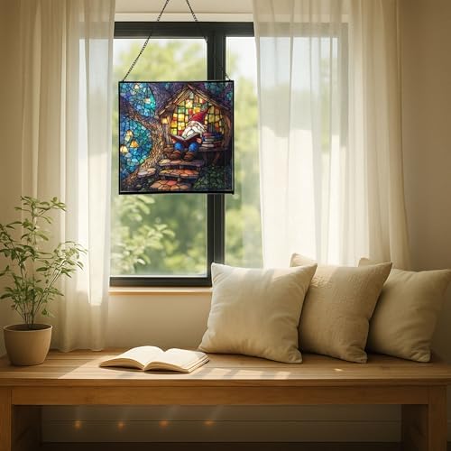 Gnome Reading in Treehouse Stained Glass Suncatcher – Square Hanging Window Panel for Home or Greenhouse – Whimsical Glass Art Gift for Garden Lovers, Christmas, Halloween, Father Days yU5sb7 - Image 7