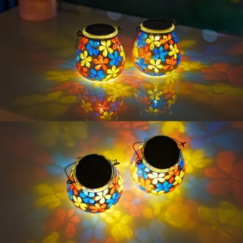 Stargarden 4Pack Mosaic Solar Lanterns, Flower Glass Hanging Lantern - Image 2