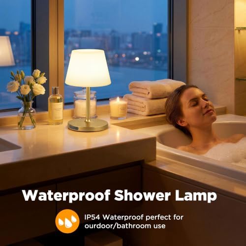 LUTEC Shower Lamp Waterproof, 6000mAh Rechargeable Cordless Table Lamp with 3 Color Temps and Stepless Dimming, Touch Control & Portable LED Nightlight for Bathroom, Desk, Outdoor(Gold) - Image 4