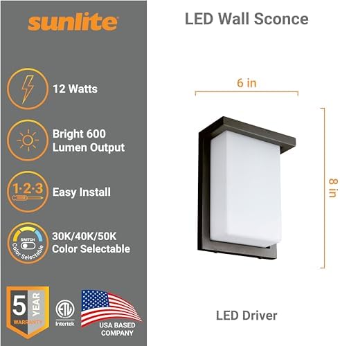 Sunlite 88673 8” Modern LED Wall Sconce Light, Outdoor Fixture, Adjustable 3 CCT 3000K-5000K, 12 Watts, 600 Lumens, Opal Shade, Oil Rubbed Bronze, Indoor for Bathrooms, Garage, Hallways & Entryways - Image 2