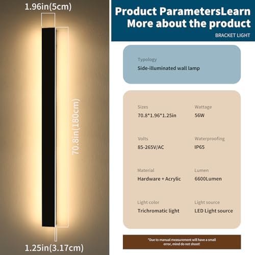 2 Pack Modern Outdoor Wall Light, 71inch Black Exterior Wall Mount Light Fixtures, 3 Color 3000K/4500K/6000K, IP65 Waterproof, Porch Wall Sconce, Long Linear Outside Lighting for Patio Garage Garden - Image 2