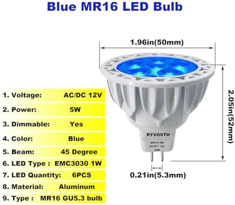 6-Pack MR16 Blue Led Bulbs 5W Replace 35W 50W Halogen Equivalent,12V Low Voltage MR16 GU5.3 Blue Color Bulb Spotlights for Outdoor Landscape Flood Track Lighting, Dimmable, - Image 2