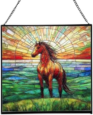 Bay Lusitano Horse Standing ATOP Hill at Sunset Square Suncatcher – Stained Glass Style Window Panel with Pastoral Scene, Custom Decorative Hanging Art for Equestrian Home, Christmas OoBNMO by Custom