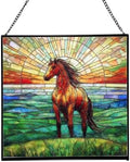 Bay Lusitano Horse Standing ATOP Hill at Sunset Square Suncatcher – Stained Glass Style Window Panel with Pastoral Scene, Custom Decorative Hanging Art for Equestrian Home, Christmas OoBNMO by Custom