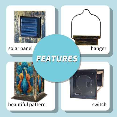 Solar Lantern Colorful Peacock Stained Glass Outdoor Waterproof Garden Hanging Lantern Solar Powered Lighting Outside Solar Light for Patio Yard Camping, Gifts for Women Mom - Image 5