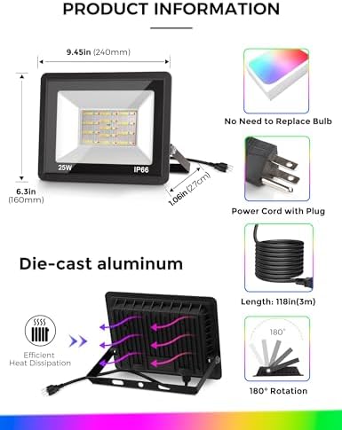 L LOHAS LED 25W RGB Flood Light Outdoor Remote Color Changing 2 Pack - Image 6