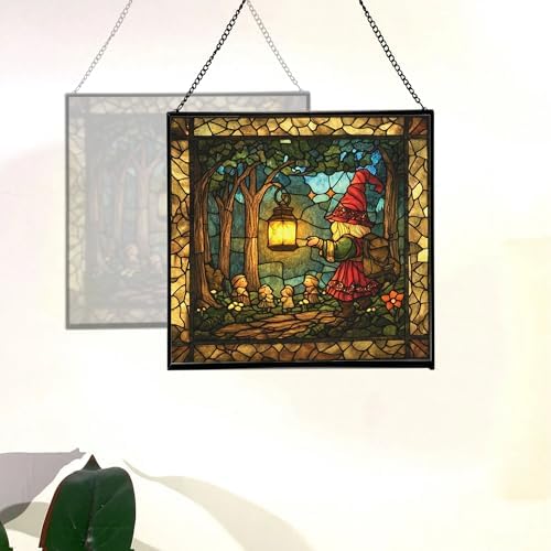 Gnome with Lantern Stained Glass Suncatcher – Square Hanging Window Panel for Home, Garden, Nursery, Halloween, Christmas, Memorial Day – Whimsical Glass Art Gift for Gnome Lovers qtaluf - Image 4