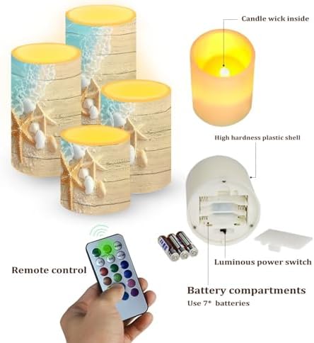 4 Pack Flickering Flamless Candles with Remote Battery Operated Elictric LED Pillar Candles with Timer for Outdoor Beach Wedding Coastal Home Decorations, Ocean Starfish - Image 6