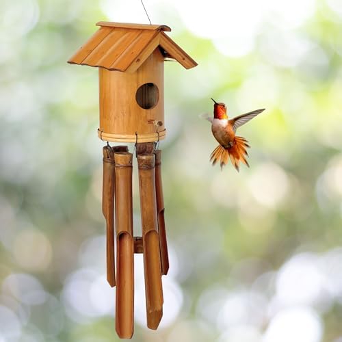 Bellaa 20384 Bamboo Wind Chime Bird House Nest Japanese Style Fine Minimalist Wooden Windchimes Handmade Gift 38 Inches - Image 3