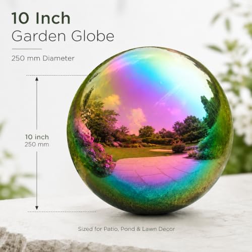Gazing Ball Garden Mirror Outdoor - 10Inch Outside Decorative Globe Rainbow - Image 2