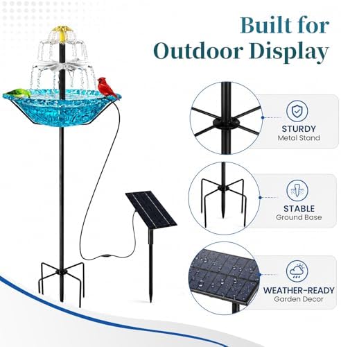 Solar Fountain for Bird Bath Outside, Power Panel and Pump with Metal Stakes for Garden Yard Decor (Blue-Small) - Image 3