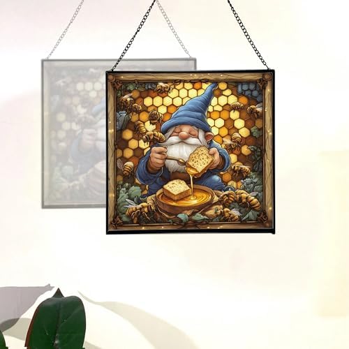 Honey Gnome Feast Stained Glass Suncatcher – Square Hanging Window Panel for Home or Greenhouse – Whimsical Glass Art Gift for Garden Lovers, Christmas, Halloween, Father Days BRew6v - Image 4
