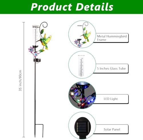Hummingbird Rain Gauge with 5 Inch Glass Tube, Solar Rain Gauge - Image 2
