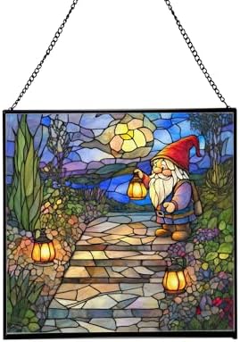 Lantern Path Gnome Stained Glass Suncatcher – Square Hanging Window Panel for Home or Greenhouse – Whimsical Glass Art Gift for Garden Lovers, Christmas, Halloween, Father Days Hw8NZS by Custom