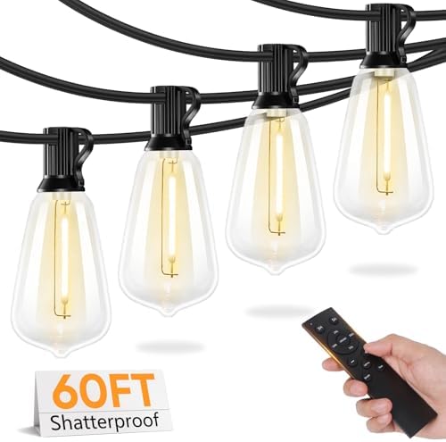 Brightever LED Outdoor String Lights with Remote, 60FT Patio Lights Outdoor Waterproof with 19 Shatterproof ST38 LED Edison Bulbs, 3 Modes 2 Timer Dimmable String Lights for Outside, Low Voltage 24V by Brightever