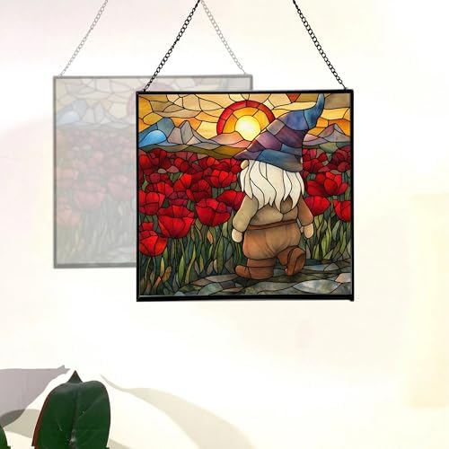 Gnome with Poppy Field Stained Glass Suncatcher – Square Hanging Window Panel for Home or Greenhouse – Whimsical Glass Art Gift for Garden Lovers, Christmas, Halloween, Father Days hLqq7K - Image 4