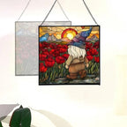 Gnome with Poppy Field Stained Glass Suncatcher – Square Hanging Window Panel for Home or Greenhouse – Whimsical Glass Art Gift for Garden Lovers, Christmas, Halloween, Father Days hLqq7K - Image 4