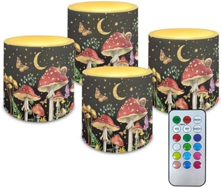 Red Mushroom Operated Candles with Flickering Flame 4 Pack LED Pillar Candles with Remote 3 Inch Realistic Flameless Lights for Outdoor Patio Poolside or Garden Path Holiday Gifts by YUVAMAGIMO
