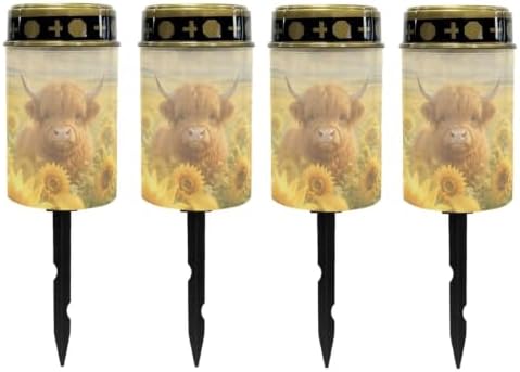 Poceacles Outdoor Lights Solar Grave Candle Solar Cemetery Candles LED Automatic Outdoor Flameless Cemetery Lights for Loss of Dad, Sunflower Highland Cow, Set of 4 by Poceacles