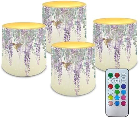 Pack of 4 Flameless Candles with Remote Battery Operated Candles with Timer Waterproof Flameless Pillar Tea Lights for Indoor Outdoor Wedding Home Decorations, Purple Floral Hummingbird by Merkmak